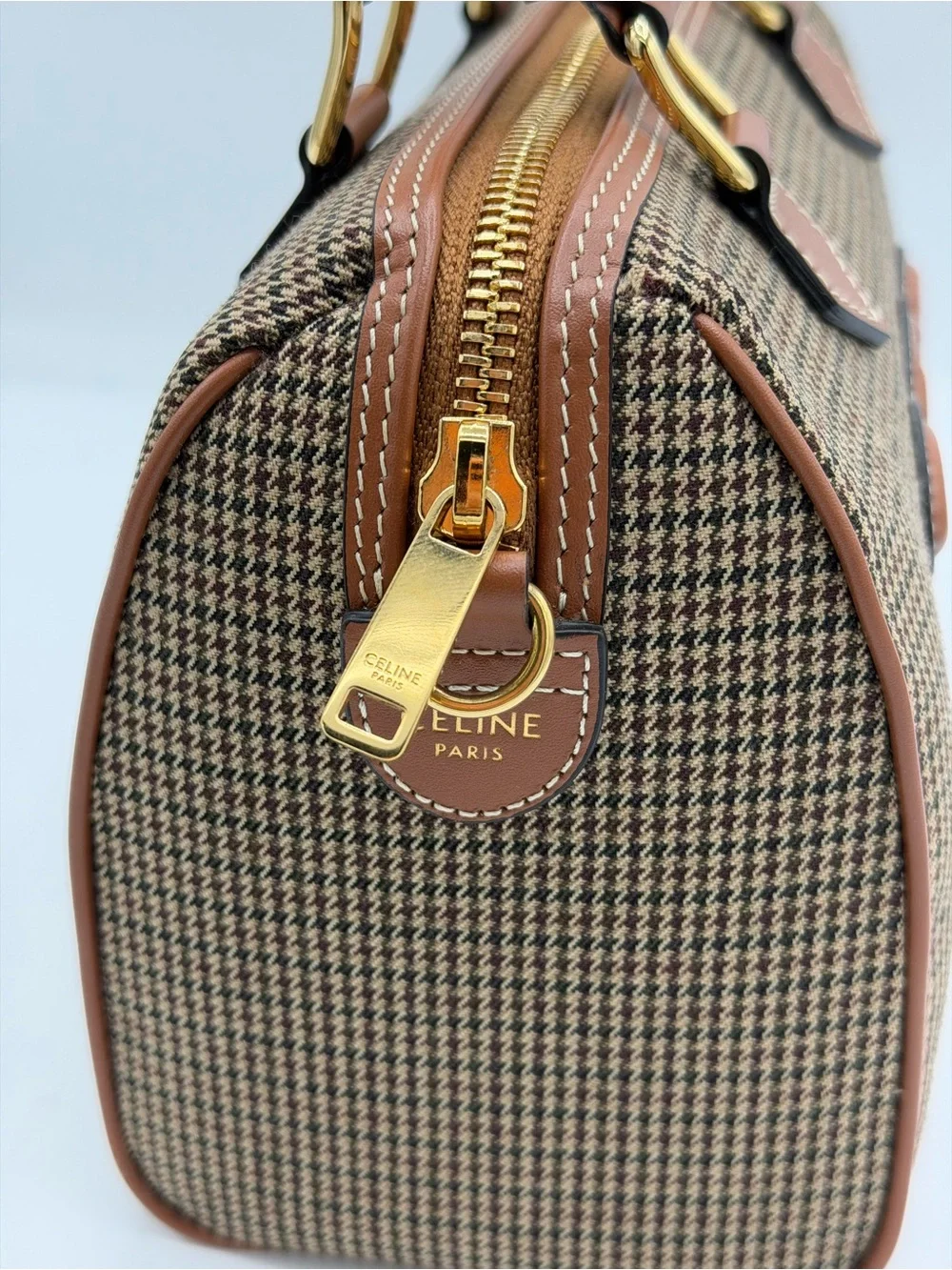 Celine Brown Houndstooth Satchel with Tan Leather Trim